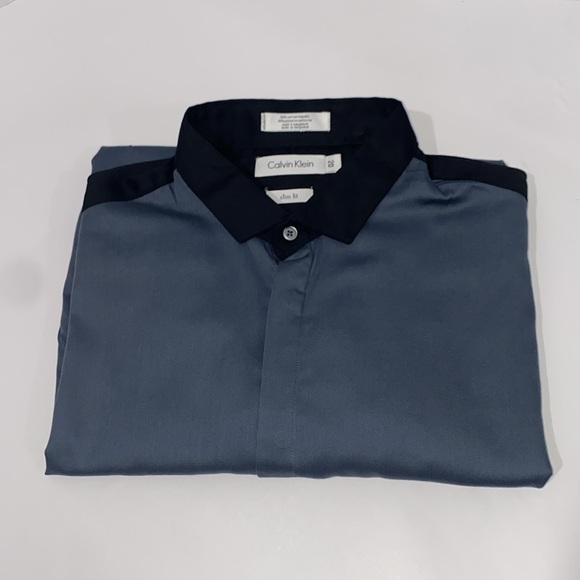Calvin Klein Men's Two-Tone Black and Gray Dress Shirt Slim Fit Size 20 Neck - Picture 1 of 8